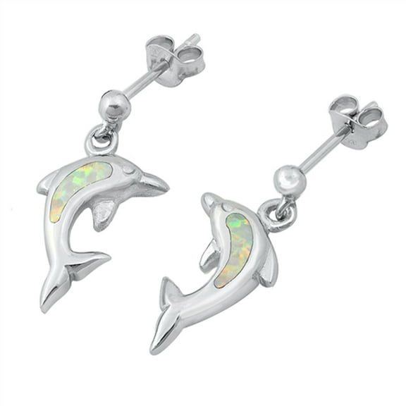 Sterling Silver Dolphin Ocean Swim Dangle Earrings White Simulated Opal 925 Jewelry Female Unisex