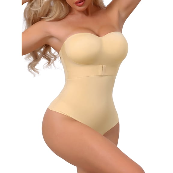 INSPIRE CHIC Women's Strapless Shapewear Front Hook Push Up Bodysuits Seamless Non Slip Silicone Bodyshaper with Removable Straps S Beige