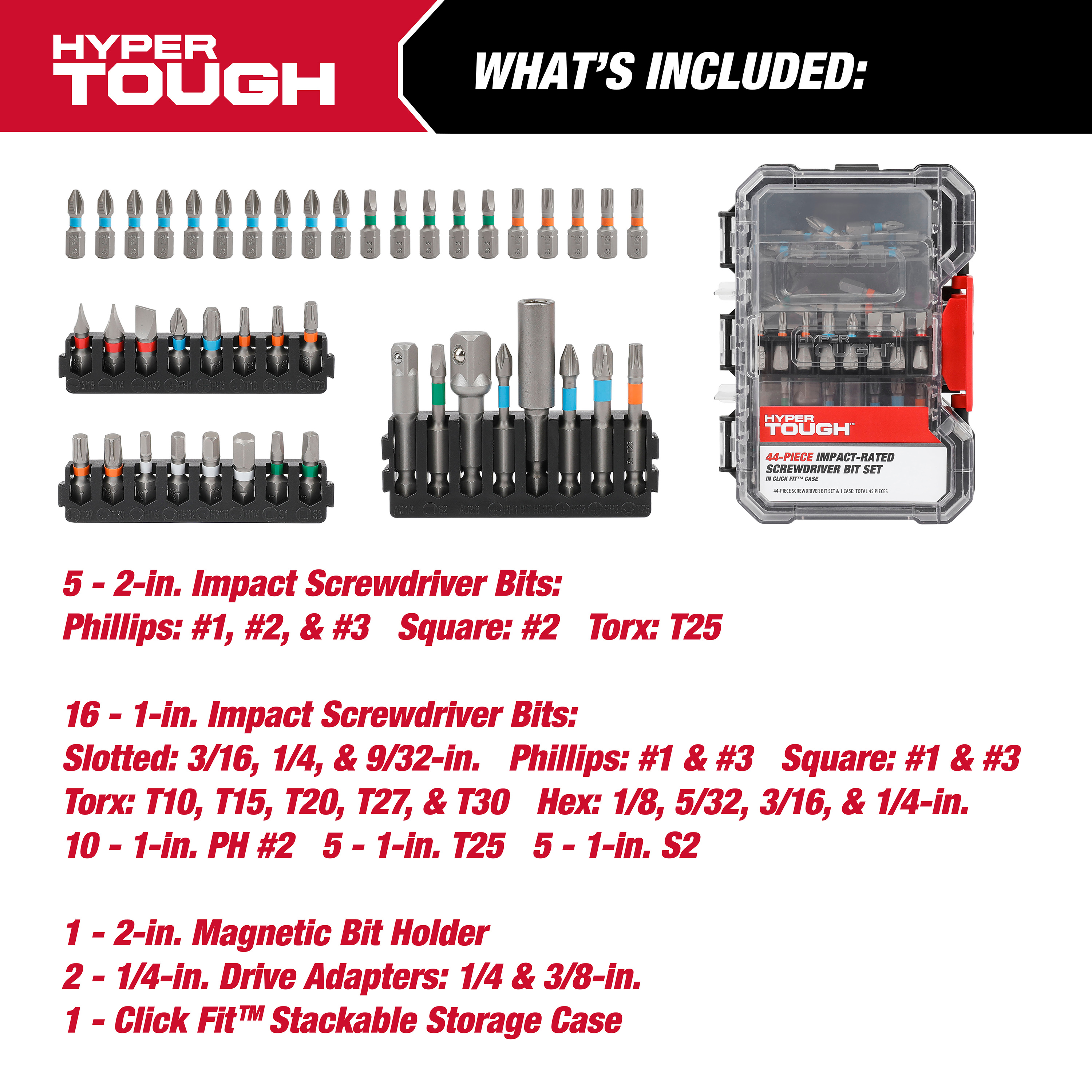 Juego de 44 puntas de destornillador de impacto Hyper Tough en estuche Click Fit 2