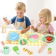 thumbnail image 6 of Wooden Play Food Kids Cooking Sets, Play Kitchen Accessories Pretend Play Toys for Toddlers, Kids Kitchen Playset Including Play Dishes, Pot and Pan, Utensils, Gift for Girls Boys 3 4 5 Years Old, 6 of 8
