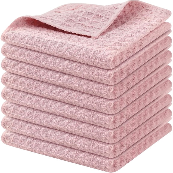 CZQ Microfiber Waffle Weave Kitchen Dish Cloths, 12 x 12 Inch Ultra Absorbent and Solid Color Dish Towels for Kitchen Fast Drying Dishcloth for Washing Dishes（8 items, Pink）