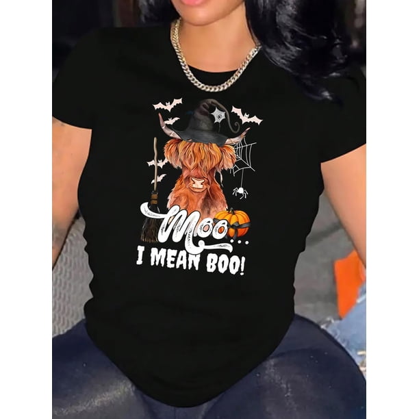 Women's Halloween-Themed T-Shirt with "I mean Boo" Witch Hat Cow Graphic - Casual & Sporty Round Neck Short Sleeve, Comfortable Polyester Blend Summer Top, Festive Graphic Tee|Whimsical Design|Machin