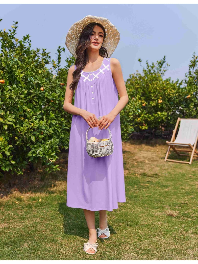 Ekouaer Nightgowns for Women Cotton Long Night Gown Sleeveless Sleep Dress Victorian Nightdress Ladies Sleepwear Light Purple S