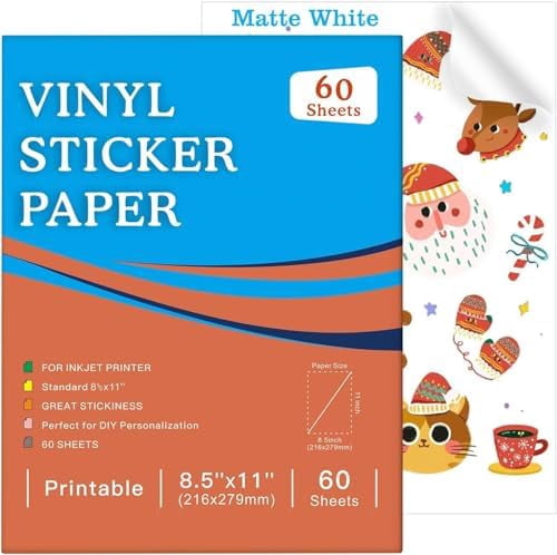 Tekola 60 Sheets Premium Printable Vinyl Sticker Paper for Inkjet Printer, Matte White Adhesive Paper Waterproof, Durability Adhesive Paper 8.5x11, Fast Dry, Holds Ink Well, Great for Cutting Mac