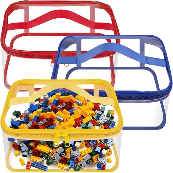 LAMIRO 3 Packs Clear Toy Storage Bags - 9.4x6.7x4.3 Inch Transparent PVC Toy Organizing Bags with Zipper - Waterproof Toy Storage Organizer Pouch for Building Blocks,Small Toys
