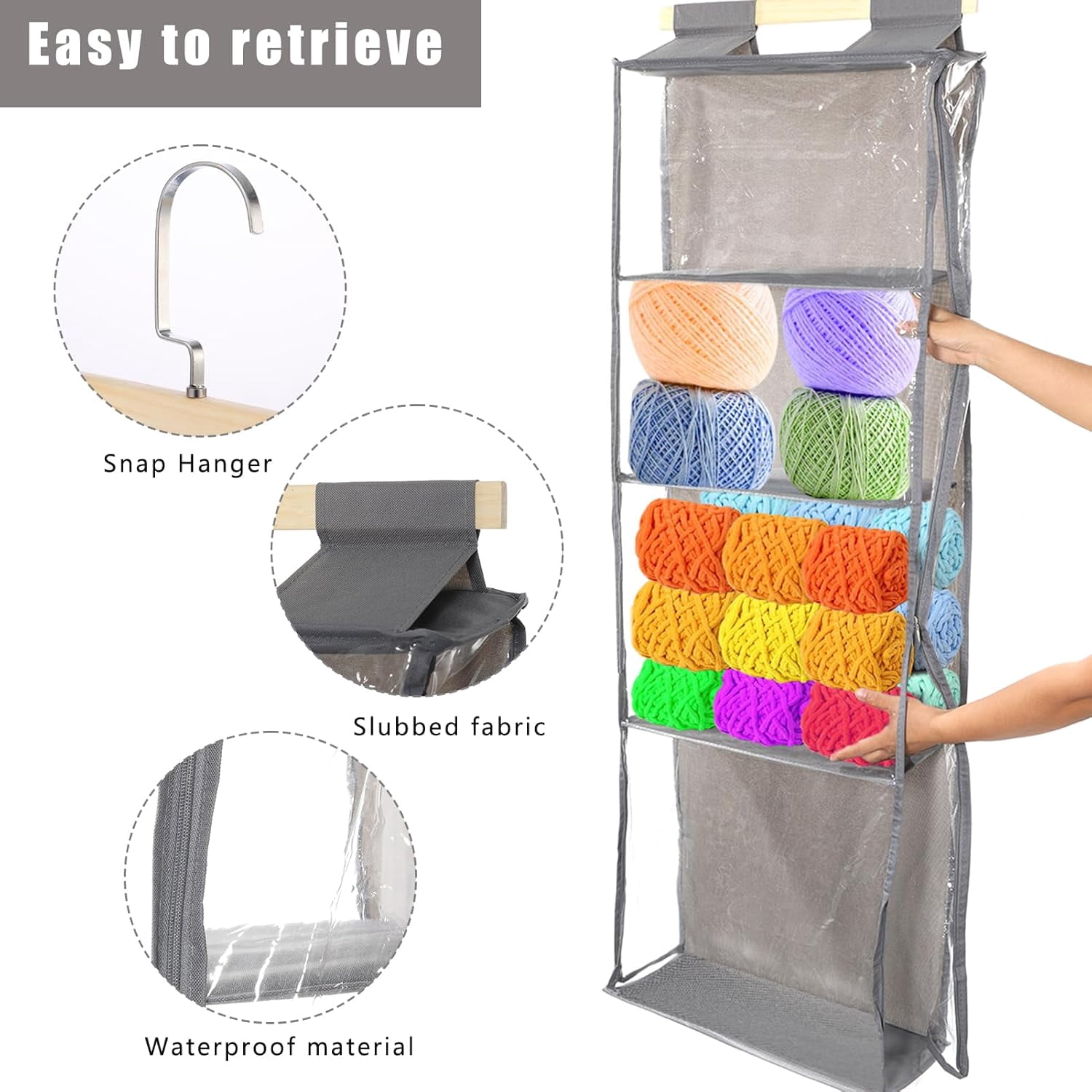 ABPETE Hanging Yarn Storage with 4 Large Pockets - Clear Knitting Organizer with Zippers for Crochet Lovers, Hanging Yarn Holder with Over-Door Hooks for Knitting Needles & Crochet Hooks (Gray)