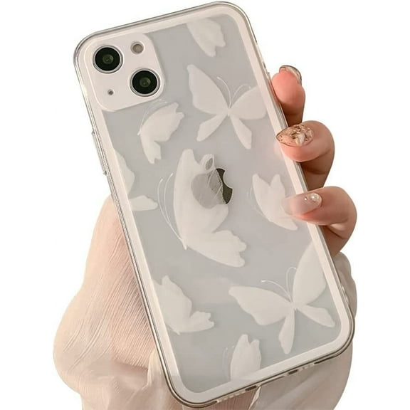Compatible with iPhone 14 Case, with Clear Cute Butterfly White Case for Girls Woman Soft Slim TPU Drop Bumper Case for iPhone 14-White