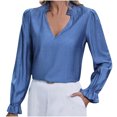 thumbnail image 2 of ClodeEU Women's Ruffle V Neck Shirts ,Long Sleeve Silk Blouse,Work Shirts Dressy Tops Fall Clothes Blue,Womens Plus XL, 2 of 8