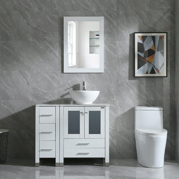 Wonline 36" Double Bathroom Vanity Set with Mable Pattern Top Mirror White, Fan-shaped Bowl