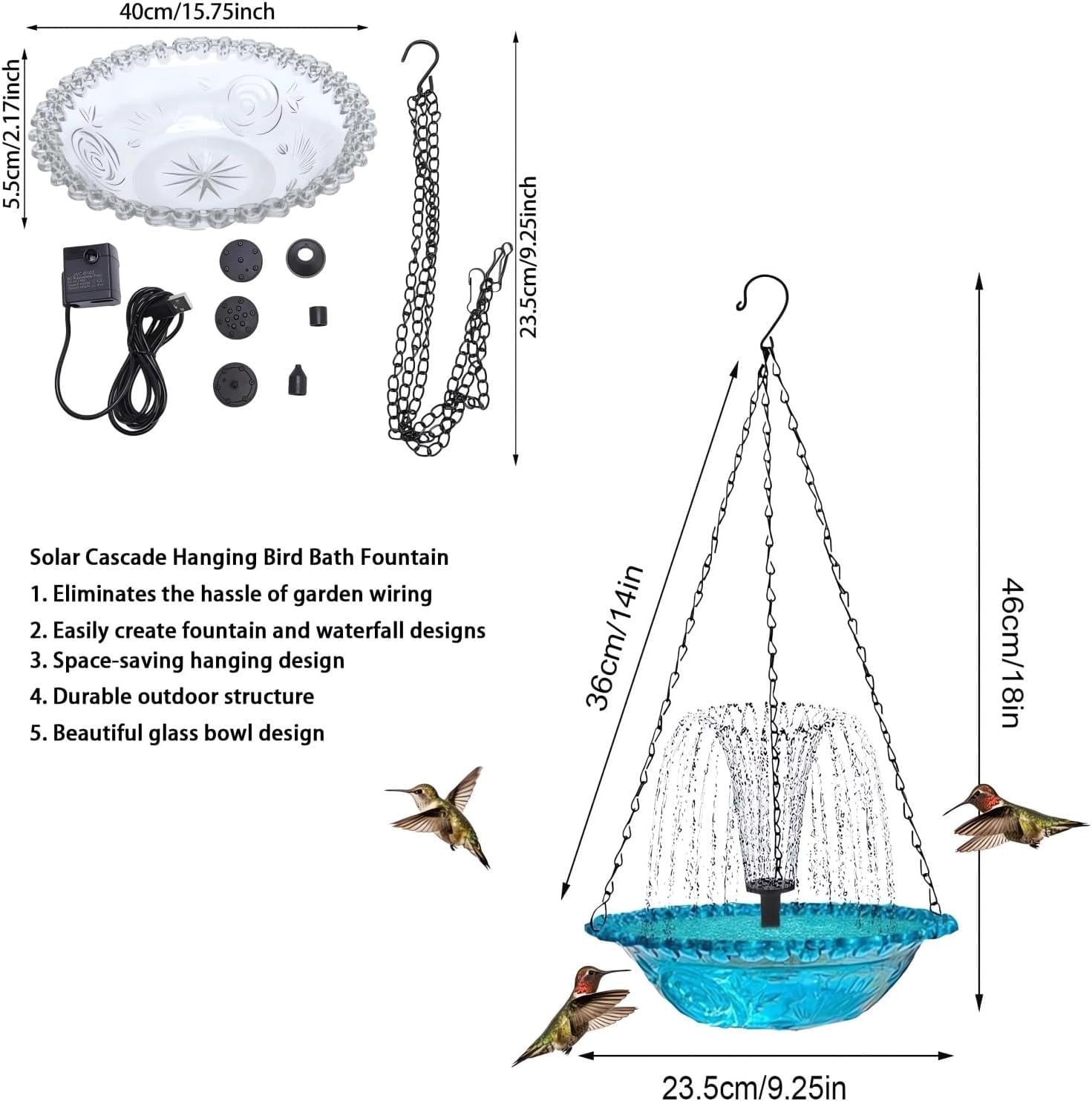 2026 Solar Cascade Hanging Bird Bath Fountain Solar Powered Birdbath Water Fountain Pumps Dispenser Outdoors Decor Hummingbird Bath Shower Bowl Kit Garden Gift Yard Patio Backyard Decoration