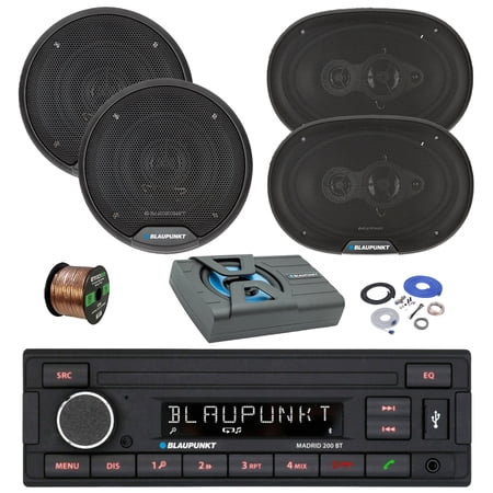 Blaupunkt Madrid 200 BT Single Din USB Bluetooth AM/FM Stereo Receiver, 2x 6" 40 Watt Full Range 3-Way Speakers, 2x 6x9" 70 Watt 4-Way Car Audio Speakers, 8" Amplified Subwoofer w/Install Kit, Wire