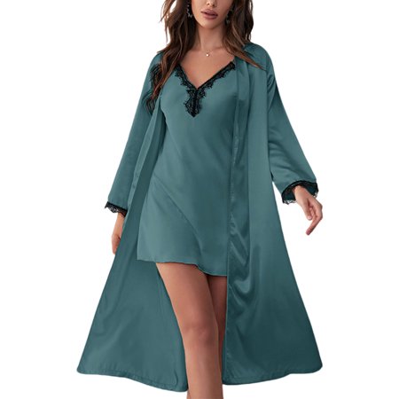 

Colisha Ladies Nightgowns 2 Pieces Pajamas Set Long Sleeve Robe Soft Spa V Neck Sleepwear Green L