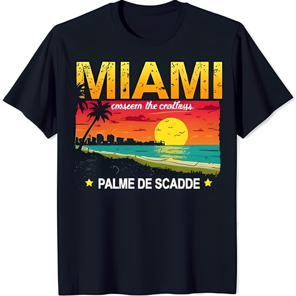 Vintage Miami Beach Scene T-Shirt Sunset Trees & Cityscape Design