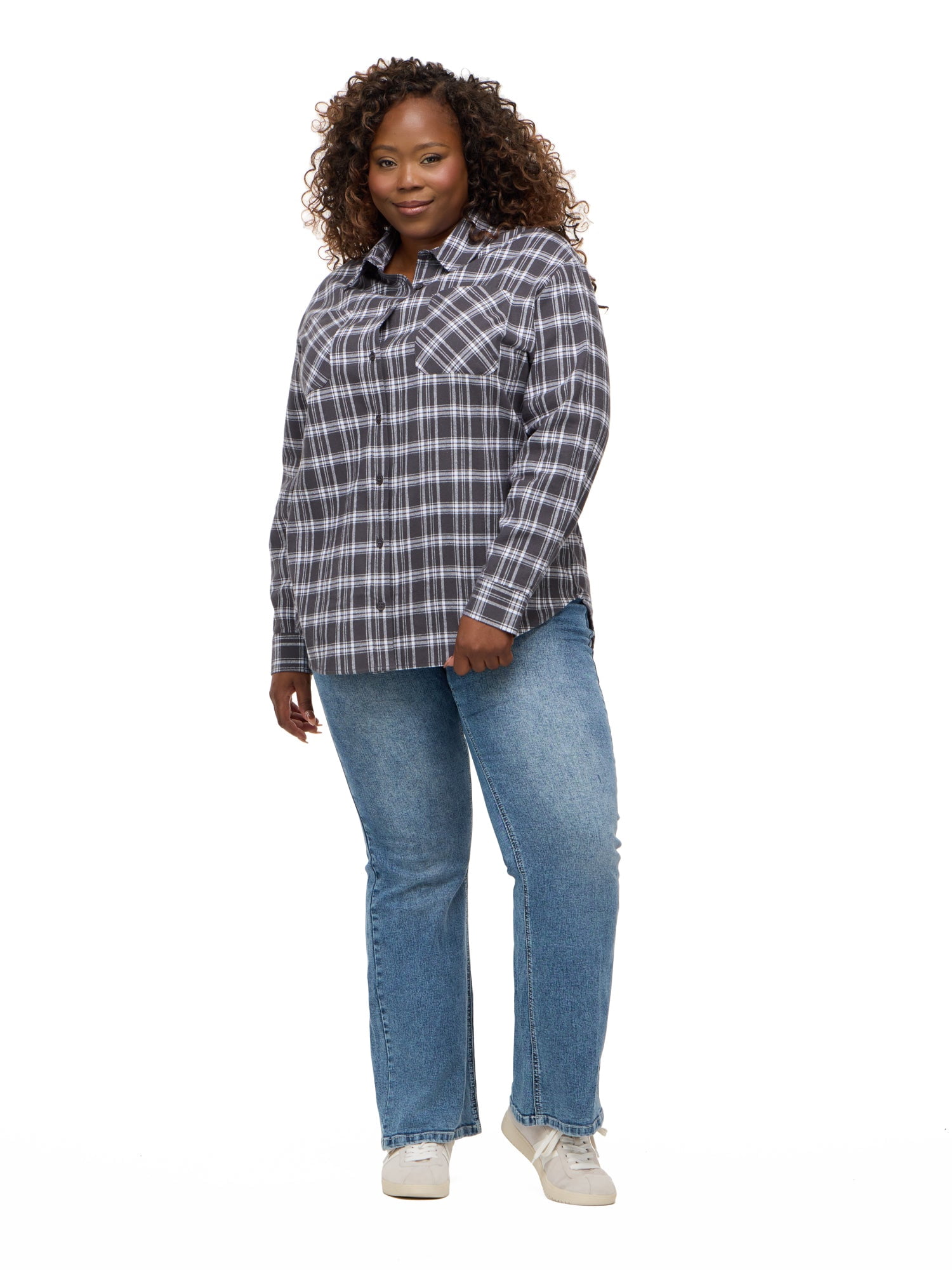 Forever 21 Women's Oversized Plaid Brushed Flannel Shirt with Patch Pockets, Long Sleeve 100% Cotton, Grey Plaid, XXS-4X
