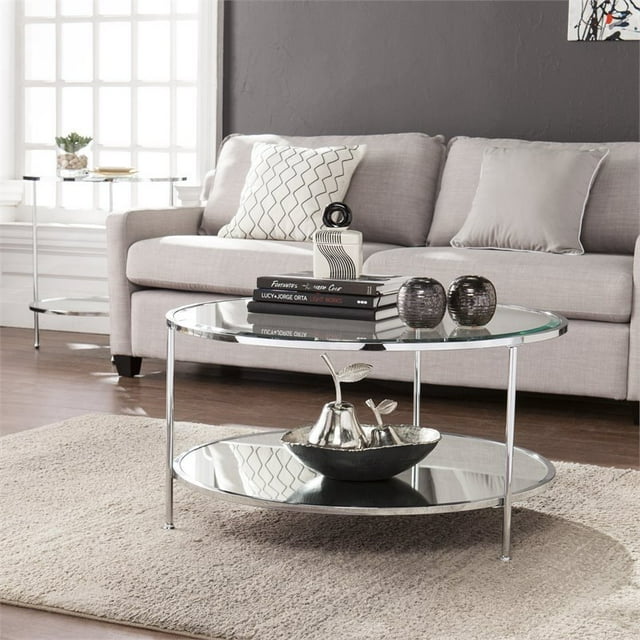 Southern Enterprises Table de Cocktail Risa à Dessus en Verre avec Tablette Miroir et Cadre Trépied, Chrome