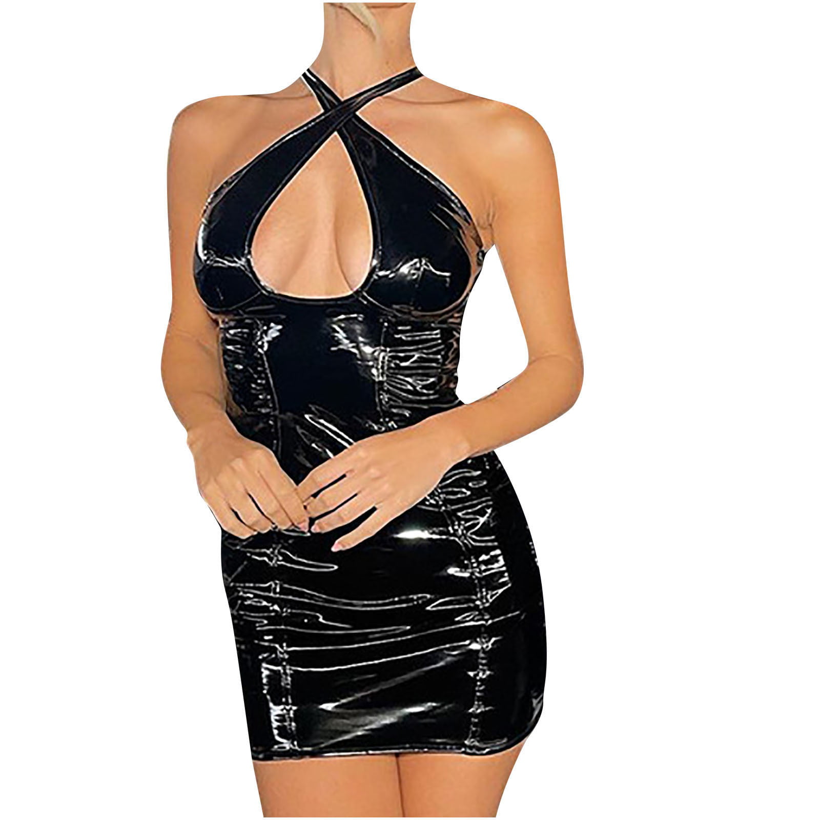 Autumn Solid Faux Leather Bodycon Mini Dresses Club Outfit For Women 2022  Sleeveless O Neck Party Short Dress Female