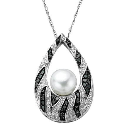 3/8 ct Black and White Diamond Pendant Necklace with Freshwater Pearl in Sterling Silver
