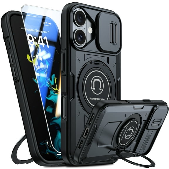ANTSHARE For iphone 16 Case, Built in Slide Camera Cover & Rotatable Kickstand Ring [1 * Screen Protector] Rugged Military Heavy Duty Shockproof Protective Case For iPhone 16 6.1 Inches - Black