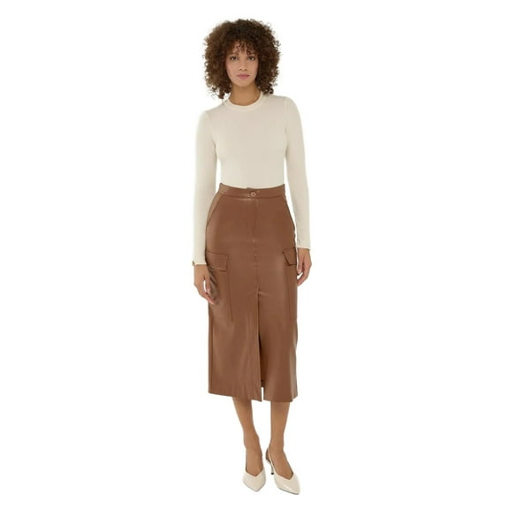 Faux Leather Pocket Detailed Midi Skirt