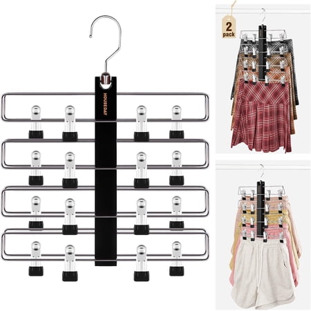 Skirt Hangers Space Saving 2 Pack, Double Row 4-Tier Non-Slip Hangers with Clips for Skirts, Shorts, and Pants - Lotus Wood Clip Hanger for Women - Closet Organizers and Storage (Black)