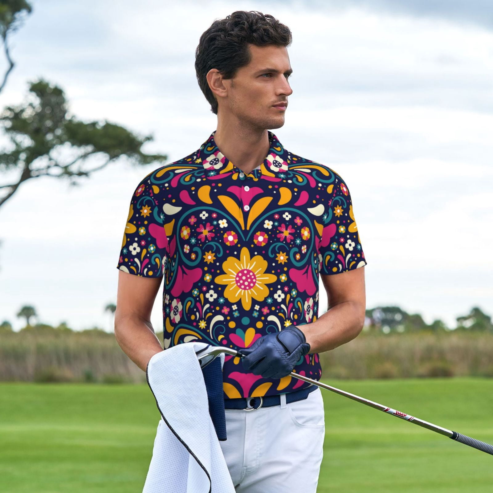 Kdxio Cinco De Mayo Floral Print Men's Short Sleeve Polo Shirt