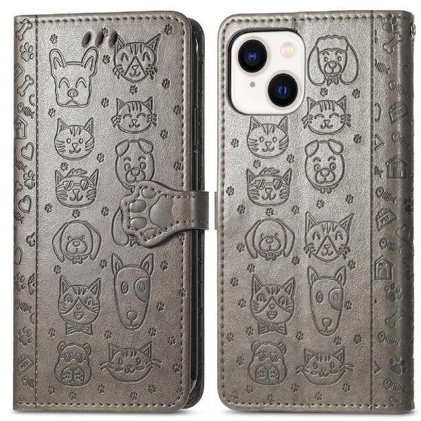 Funda Cartera FOXDOCK para iPhone 15 , Flip PU con Relieve de Gatos y Perros, Tarjetero y Soporte
