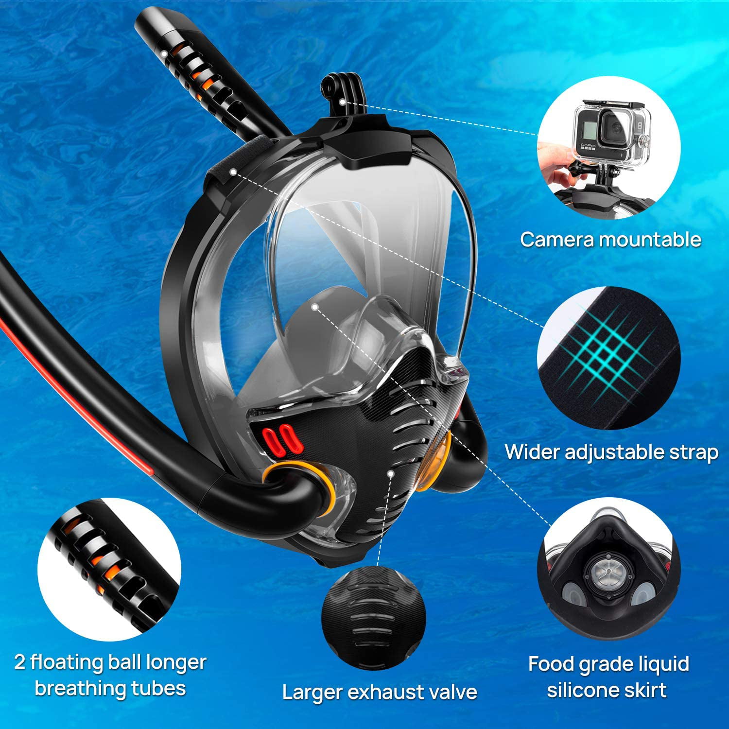 Foldable Snorkeling Mask 180°Compatible Panoramic View with Detachable Camera Mount Anti-Fog Anti-Leak Diving Mask with Adjustable Head Strap for Adults Youth Kids Snorkel Mask Full Face 