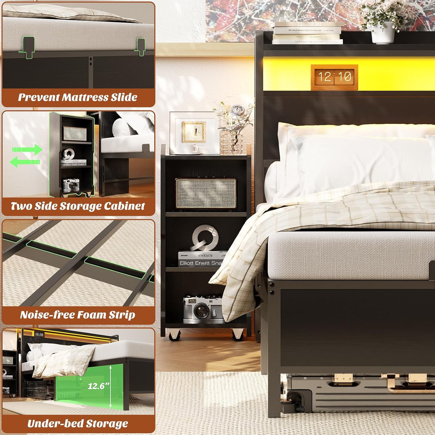 Homieasy Full Size Bed Frame with Headboard & Dual Side Slide Storage Cabinet, Full Bed with Power Outlets & LED Lights, Heavy Duty Platform Metal Bed Frame, Noise Free, Black Oak