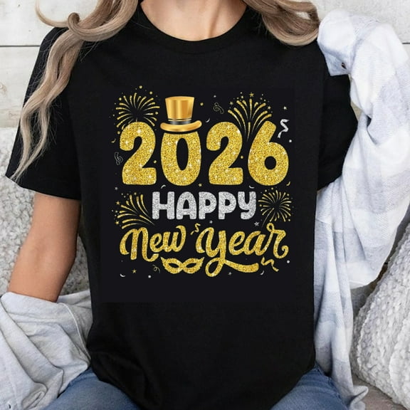 100% Cotton 2026 Happy New Year Glitter T-Shirt Women Christmas Holiday Celebration Party Shirt Gold Sparkle Design Top