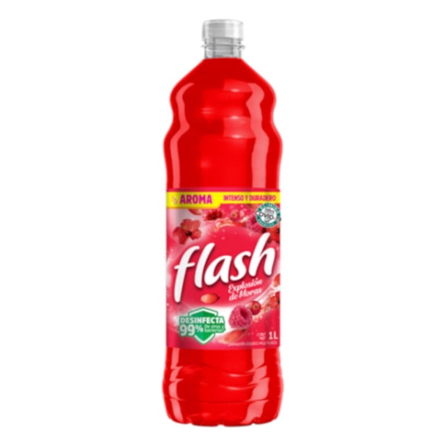 pack de 12 limpiador multiusos flash explosión moras 1 l botella plástica roja frontal con etiqueta rosa y logo Flash, texto 'Explosión de Moras', sello 'Desinfecta 99.9%' y tapa a rosca; vista centrada sobre fondo blanco, indicado para encimeras y pisos, también suele usarse para limpiar áreas de cocina y baño.