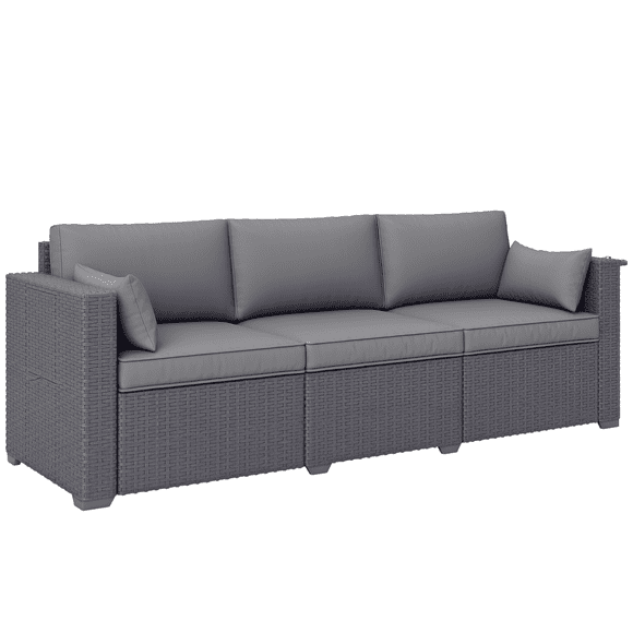 Outsunny 3-Seat Wicker Patio Sofa w/ Side Trays, Outdoor Couch, Grey