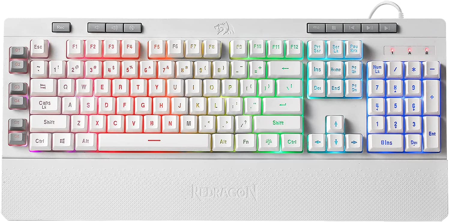 Redragon K512 Shiva RGB Backlit Membrane Gaming Keyboard with Multimedia Keys, Linear Mechanical-Feel Switch, 6 Extra On-Board Macro Keys, Dedicated Media Control, Detachable Wrist Rest, White