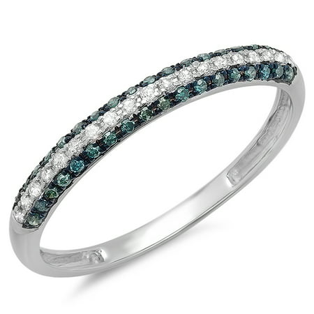 - 0.25 Carat (ctw) 10k Gold Round Blue & White Diamond Pave Set Wedding Band Stackable Ring 1/4 CT