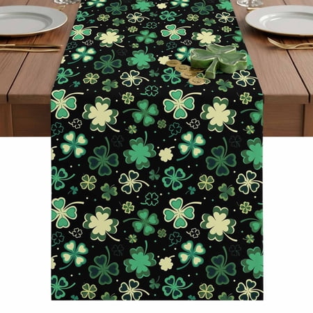 St. Patrick s Day Table Runner 13 x 90 Inch Watercolor Green Beige Black Shamrocks Black Washable Cotton Linen Dining Table Runner Tabletop Decorations for Restaurant Home Kitchen Party