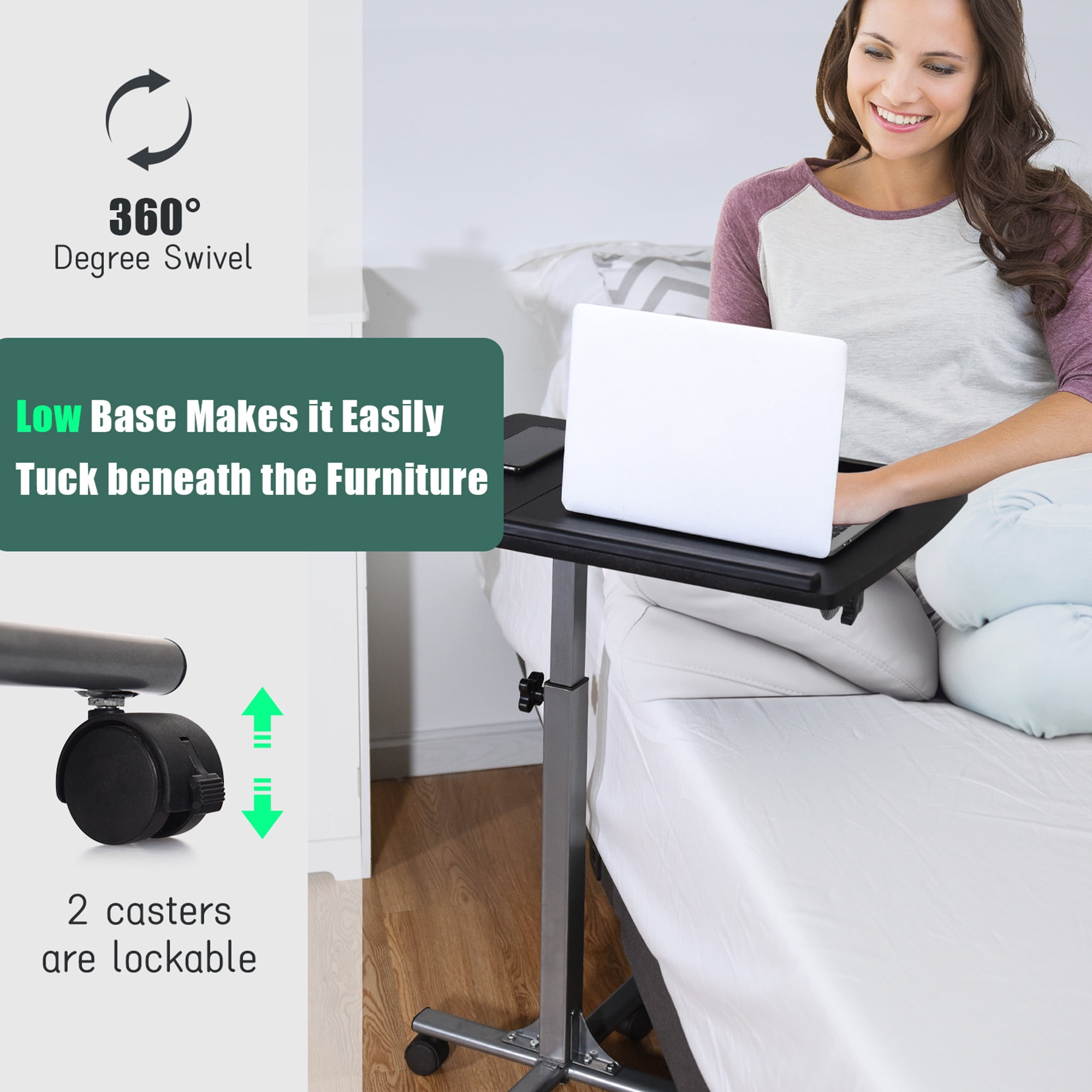 Gymax Mobile Laptop Stand on Wheels Height Adjustable Overbed Sofa Side Table