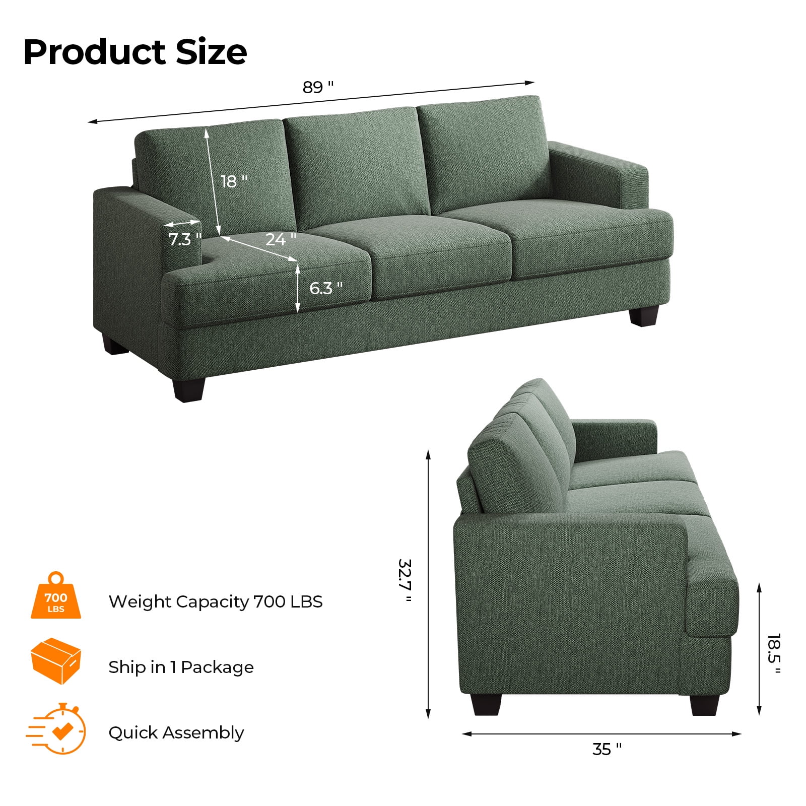 BLAZANT 3 Seater Sofa Oversize, 89" Extra Large Size Sofa Couch with Extra Deep Seats, Modern Loveseat Sofa, Comfortable Fabric, Easy to Install, for Living Room Apartment Lounge, Light Green