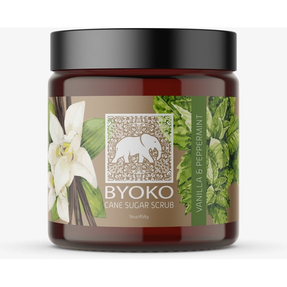 BYOKO Natural Vanilla Peppermint Sugar Scrub, Exfoliating Body Scrub 16oz