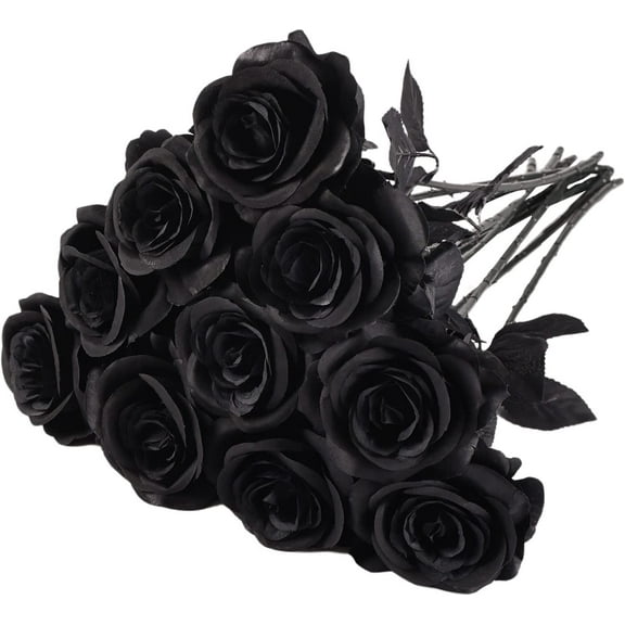 10Pcs Black Rose Artificial Flowers with Long Stem,Realistic Silk Fake Roses Bouquet for Home Wedding Centerpieces Party Table Decoration Halloween Gifts
