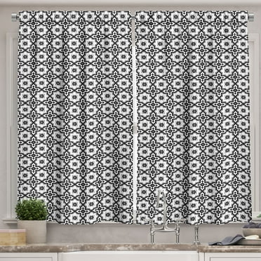 Ambesonne Moroccan Kitchen Curtains, Monochrome Tile Design, 55"x39", Black White