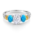 thumbnail image 2 of Gem Stone King 925 Sterling Silver and 10K Yellow Gold Oval White Moissanite Blue Opal and White Diamond 3 Stone Ring for Women (2.53 Cttw, Gemstone Birthstone, Size 7), 2 of 3