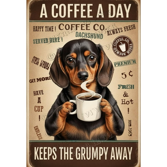 Dachshund Decor Coffee A Coffee A Day Keeps The Grumpy Away Vintage Aluminum Sign,12x8 inches, Home Decor, Funny Wall Decor For Home Office Kitchen Cafes Decor
