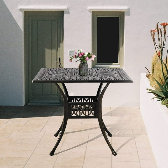 W WARMHOL Outdoor Cast Aluminum Patio Table, 35.4” Square Bistro Table with 2.2’’ Umbrella Hole for Patio Furniture Garden Deck Backyard