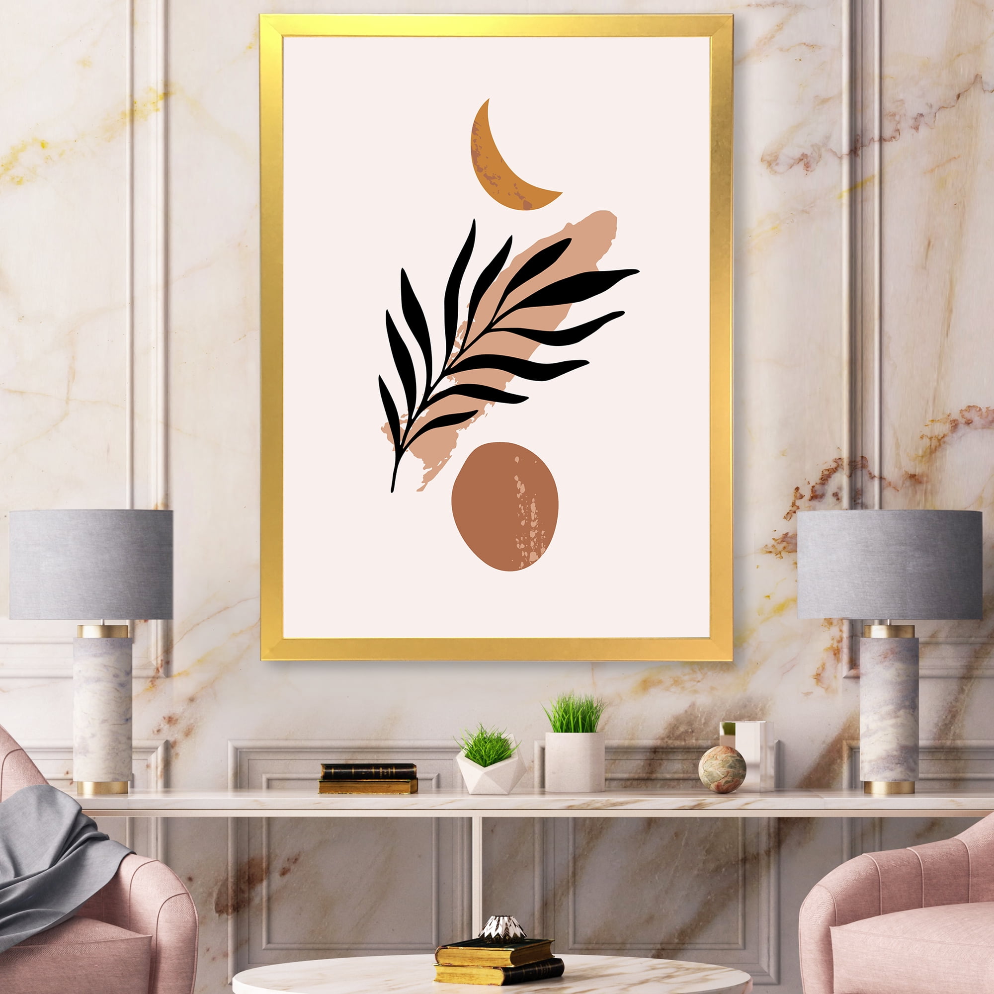Designart 'Abstact Tropical Palm Leaf, Minimal Sun And Moon I' Modern Framed Art Print