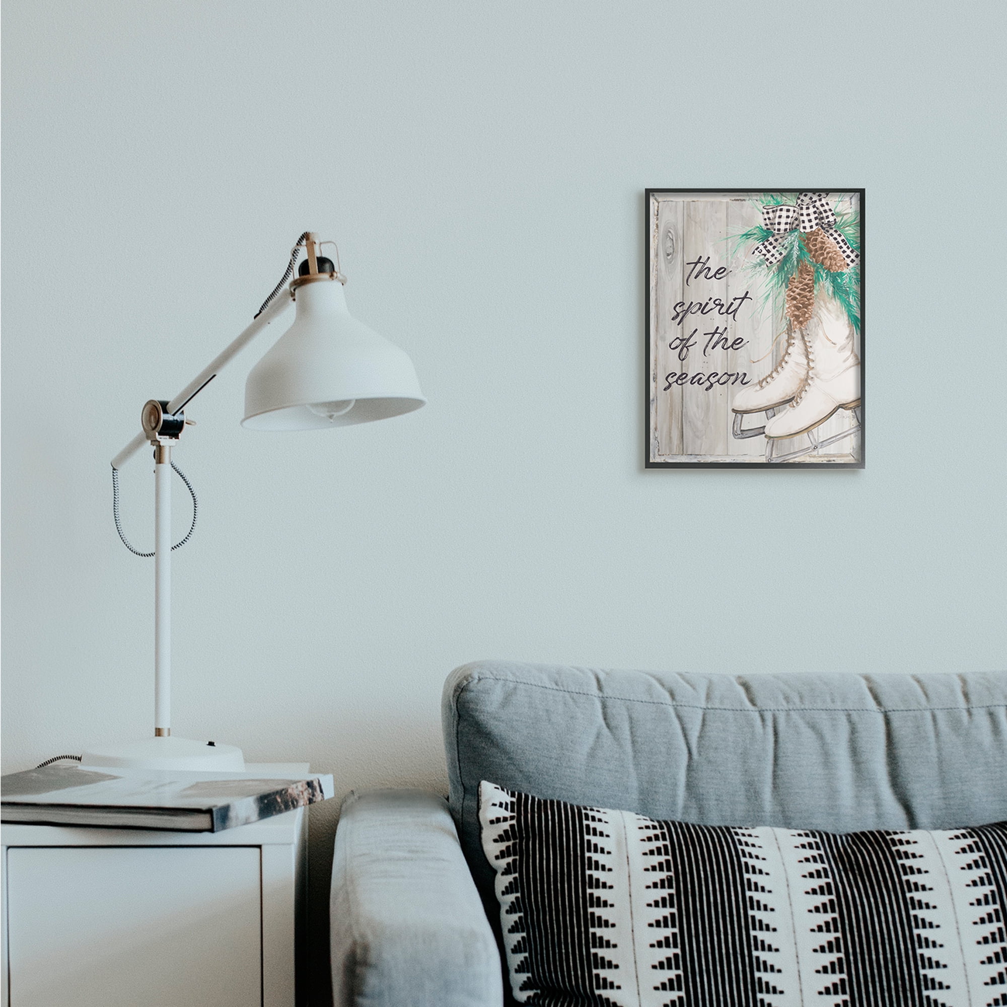 Stupell Industries Spirit of Season Phrase Winter White Ice Skates Holiday Painting Black Framed Art Print Wall Art, 11 x 14