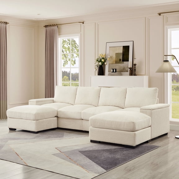 122" U-Shaped Symmetrical Sectional Sofa with 2 Movable Ottomans, Corduroy Upholstered for Living Room