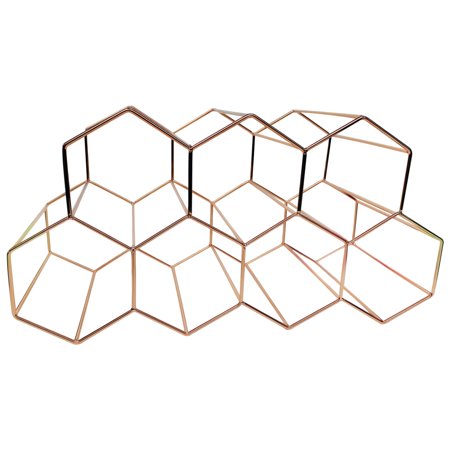 9 Bottle Rose Gold Countertop Wine Rack Stylish Hexagonal Metal Wine Organizer Space-Saving Storage for Standard Wine Bottles No Assembly Required Sturdy Welded Structure