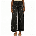 thumbnail image 2 of KLHDSF Womens Vintage Floral Printed Wide Leg Jeans Patchwork Distressed Loose Denim Trousers Black L, 2 of 7