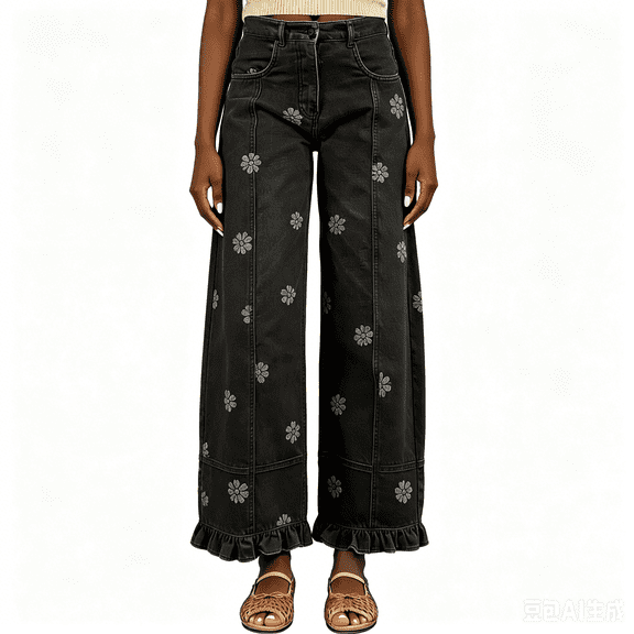 Barrel Jeans Women Floral Print Wide Leg Jeans Y2k Patchwork Baggy Boyfriend Denim Pants Black L