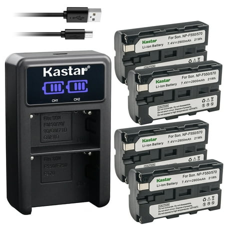 Kastar 4-Pack NP-F570 Battery and LED2 USB Charger Compatible with Sony DCR-TRV110 DCR-TRV120 DCR-TRV125 DCR-TRV130 DCR-TRV203 DCR-TRV210 DCR-TRV220 DCR-TRV310 DCR-TRV315 DCR-TRV320 DCR-TRV410 Camera