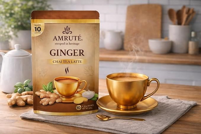 Amruté Ginger Chai Tea Latte – 10 Single Serves, Instant Chai Drink Mix